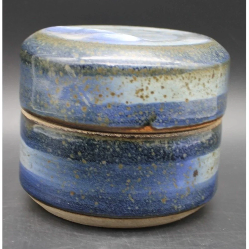 Studio Pottery Lidded Jar Blue Speckled Stoneware Trinket Box Handmade 4in